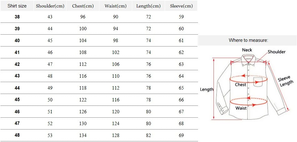 Men's dress shirt sizes chart